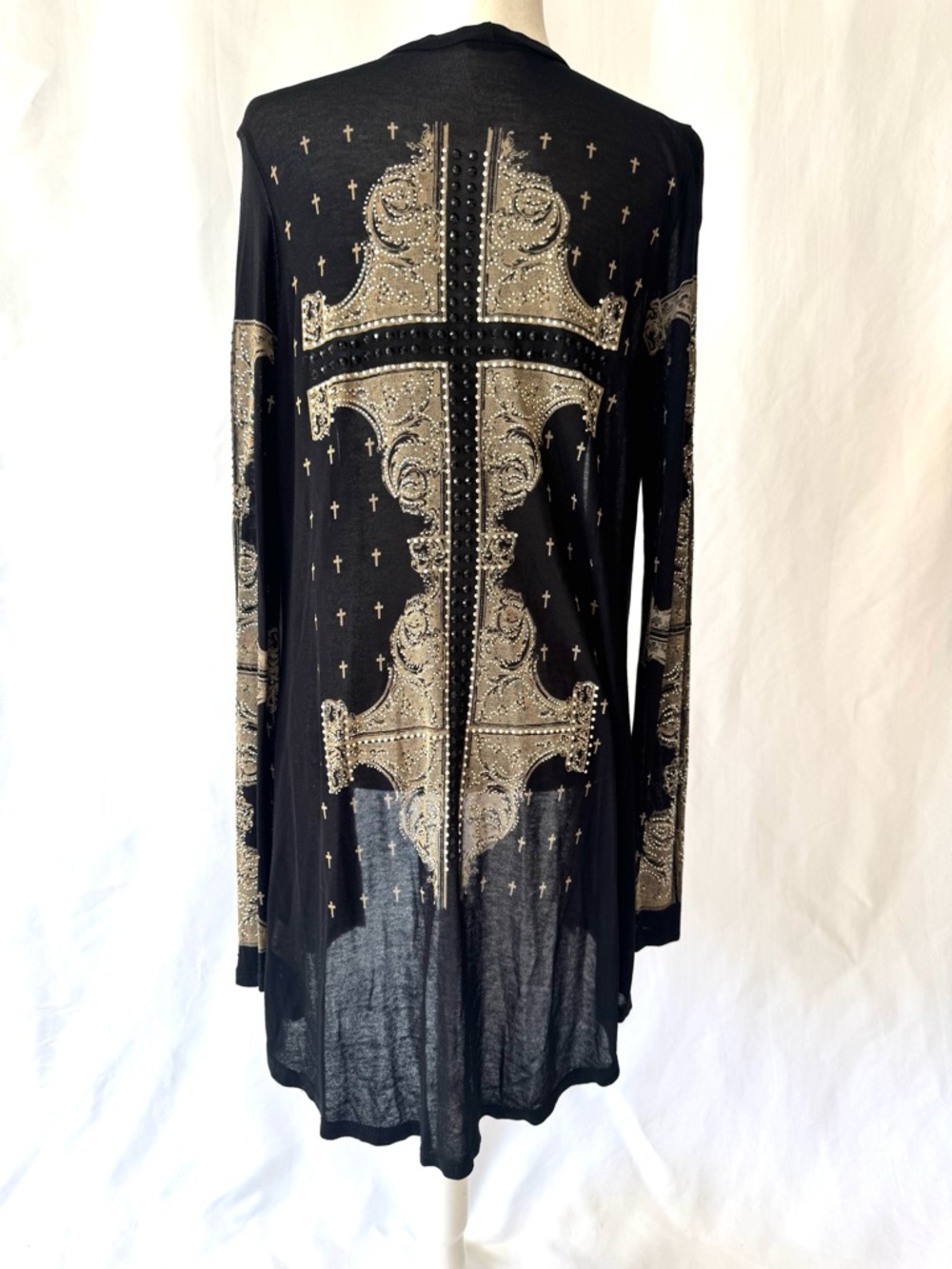 Vocal Black Sheer Embellished Cross Cardigan | Studded Gothic Boho Duster - Picture 7 of 11